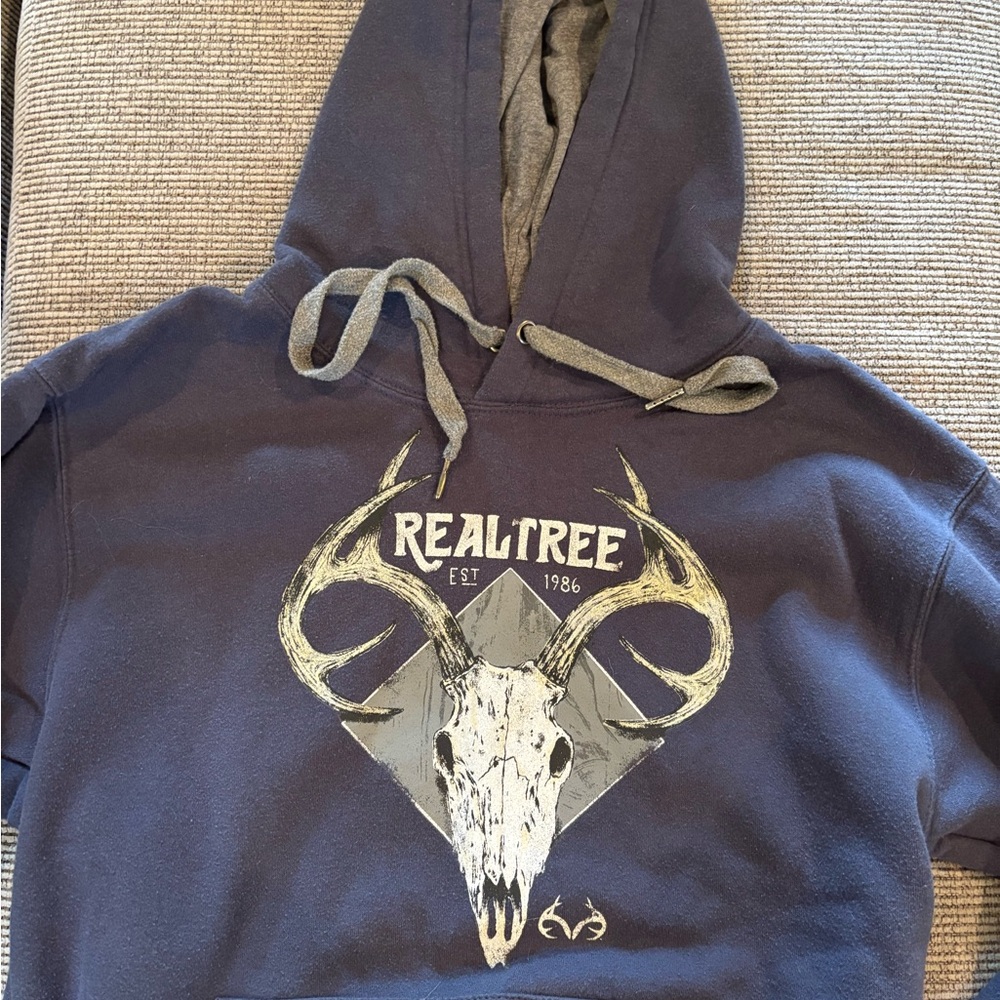 Realtree Blue and Gray Hooded Sweater with Ribbed Cuffs